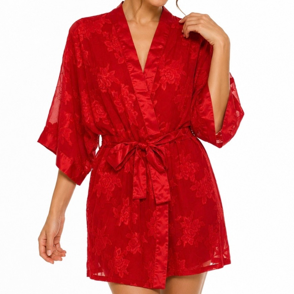 Vintage Contessa Di Roma Red Burnout Floral Sheer Kimono Robe Large Satin‎